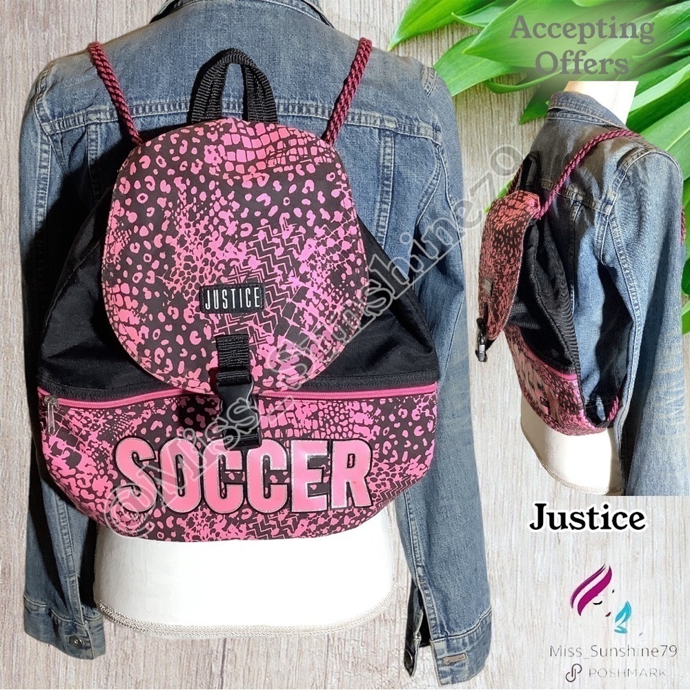 Justice - Soccer drawstring backpack - zipper front pouch - pink black & glitter